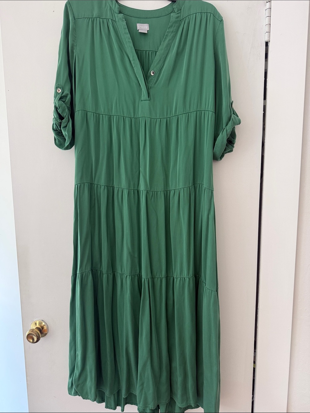 Chico's Forest Green Tiered V-Neck Midi Dress